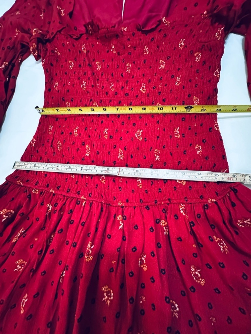 FREE PEOPLE TWO FACES RED PRINT SMOCKED MINI DRESS BOHO PUFF SLEEVE COQUETTE L - Picture 6 of 13
